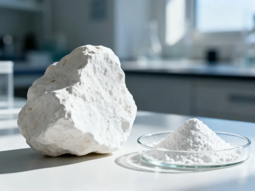 Naturalny kamień wapienny obok sproszkowanego preparatu wapnia w szklanym naczyniu laboratoryjnym.