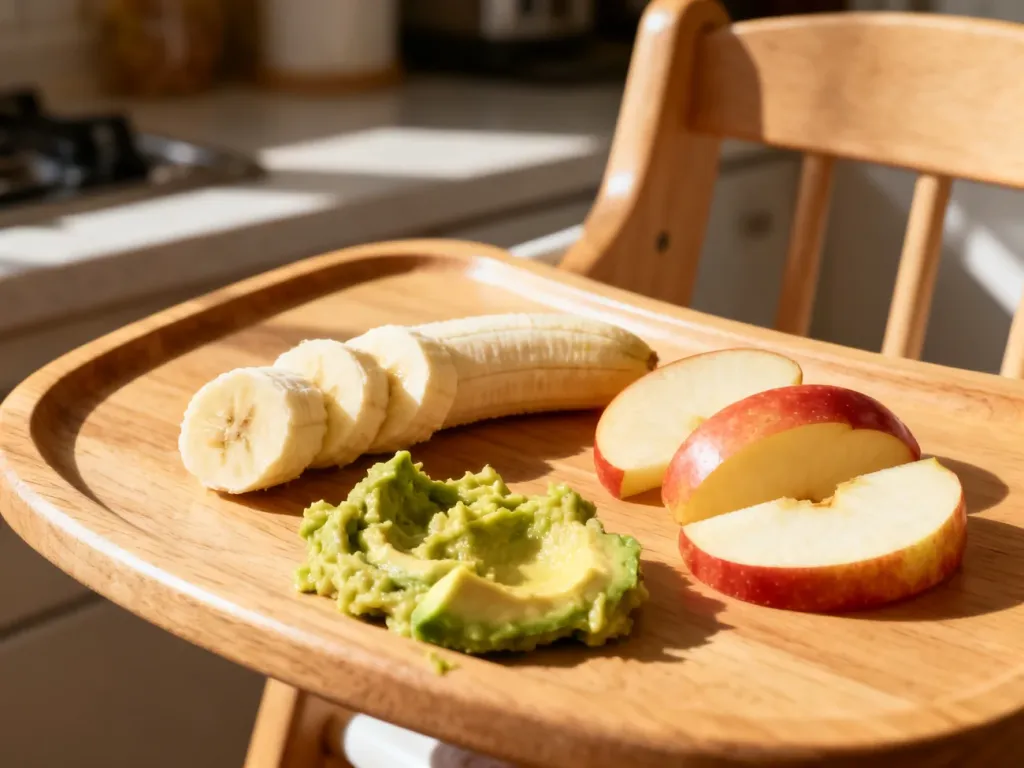 Kawałki banana, jabłka i awokado na tacce krzesełka do karmienia, przygotowane jako zdrowy posiłek dla niemowlęcia.
