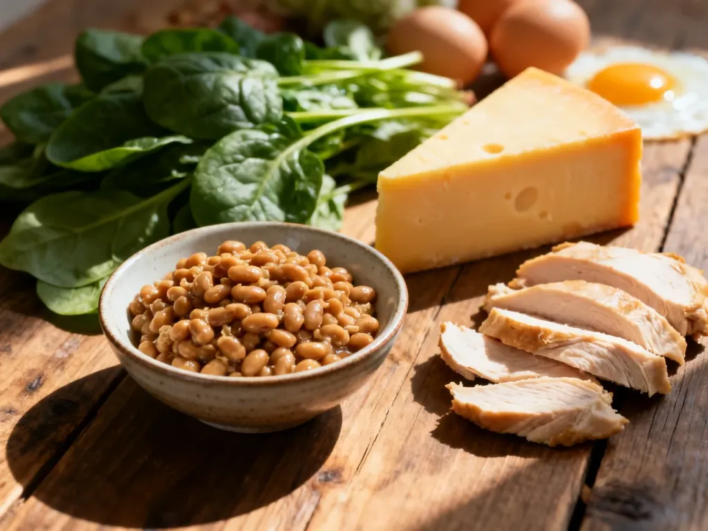 Różnorodne produkty bogate w witaminę K2, takie jak natto, ser gouda, kurczak, szpinak i żółtka jaj na drewnianym stole.