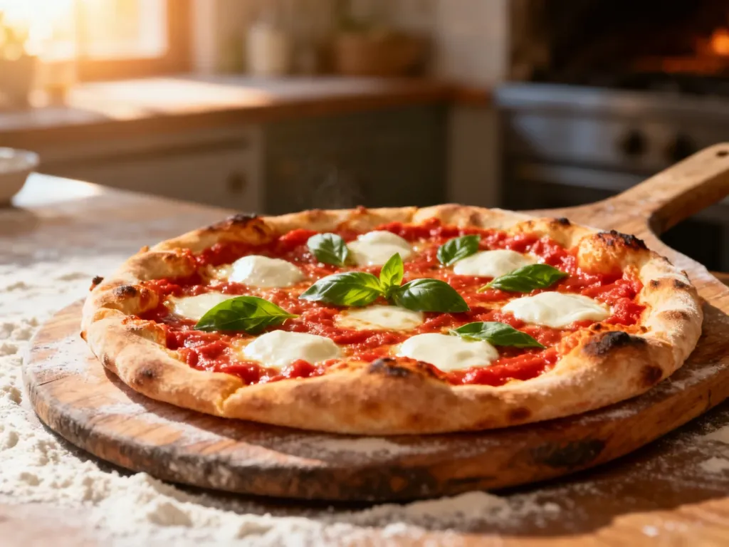Świeżo upieczona pizza neapolitańska z roztopioną mozzarellą i bazylią na drewnianej łopacie w przytulnej kuchni.