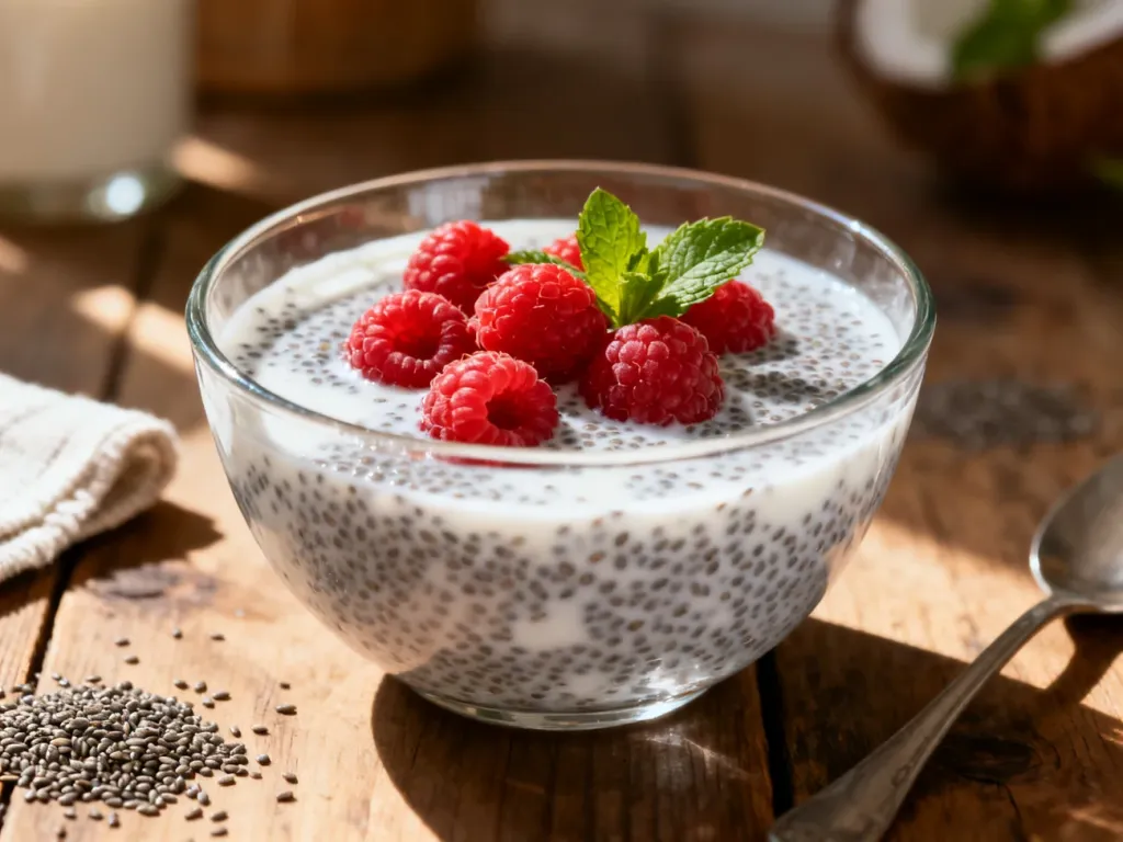 Pudding z nasion chia na mleku kokosowym z malinami i świeżą miętą w szklanej miseczce.