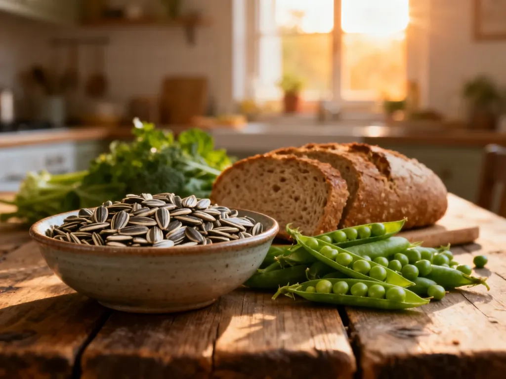 Produkty bogate w witaminę B1, takie jak nasiona słonecznika, pełnoziarniste pieczywo i zielony groszek na drewnianym stole.