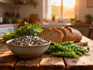 Świeże liście mięty w ceramicznym kubku na drewnianym stole, budujące atmosferę relaksu i naturalnego zdrowia.