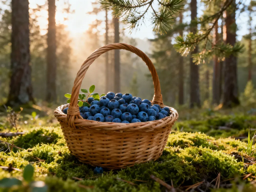 Wiklinowy koszyk wypełniony świeżymi jagodami na mchu w lesie, w promieniach porannego słońca.