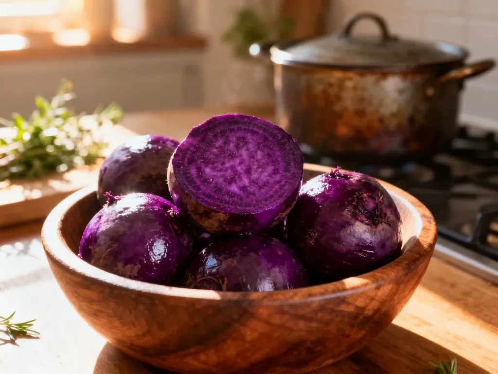 Ugotowane buraki o głębokim, purpurowym kolorze w rustykalnej drewnianej misce na kuchennym stole.