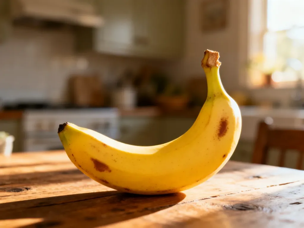 Dojrzały żółty banan z brązowymi plamkami leżący na drewnianym stole w słonecznej kuchni.
