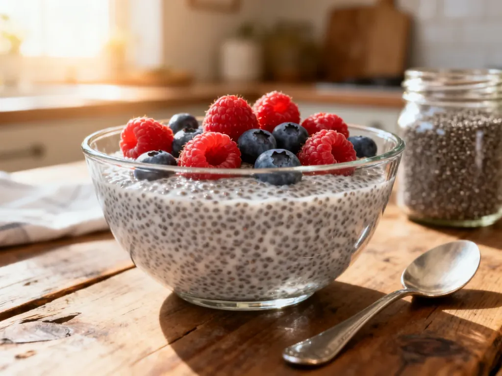 Pudding z nasionami chia w szklanej miseczce, udekorowany świeżymi malinami i borówkami na drewnianym stole.