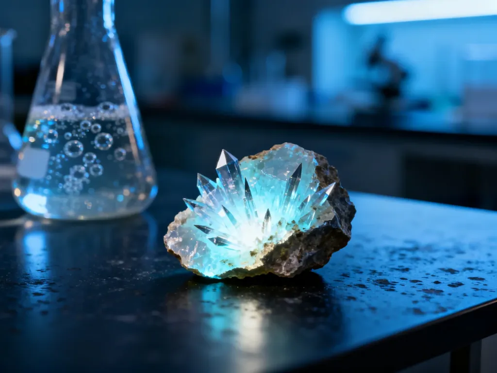 Świecący fragment minerału fosforu na laboratoryjnym stole, symbolizujący chemiczne właściwości tego pierwiastka.