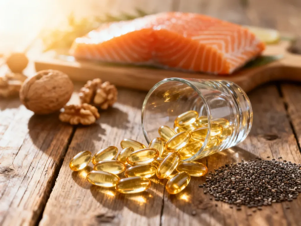 Złociste kapsułki z kwasami omega-3 wysypujące się na drewniany stół, w tle świeży łosoś, orzechy włoskie i nasiona chia.