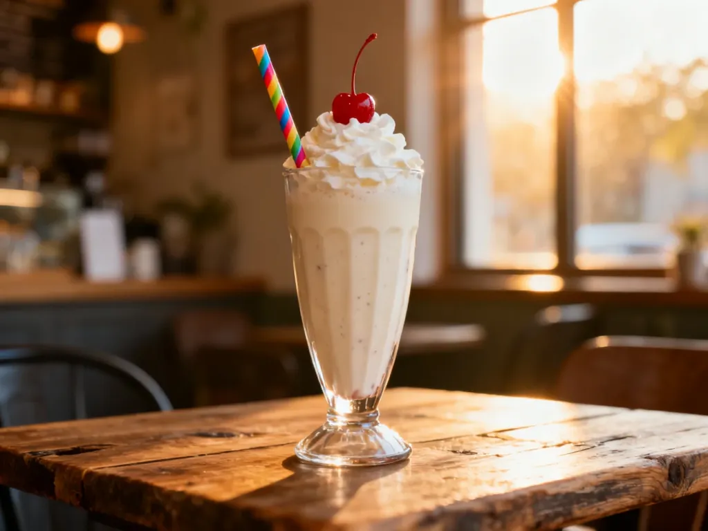 Kremowy milkshake z bitą śmietaną i wisienką, podany w wysokiej szklance w przytulnej kawiarni.
