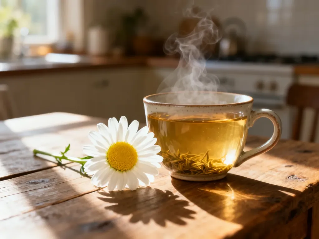 Filiżanka parującej herbaty z rumianku obok świeżego kwiatu na drewnianym stole, podkreślająca kojące właściwości naparu.