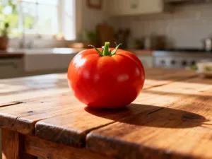 Świeży ząbek czosnku obok drewnianej łyżeczki z czosnkiem granulowanym na kuchennym blacie.