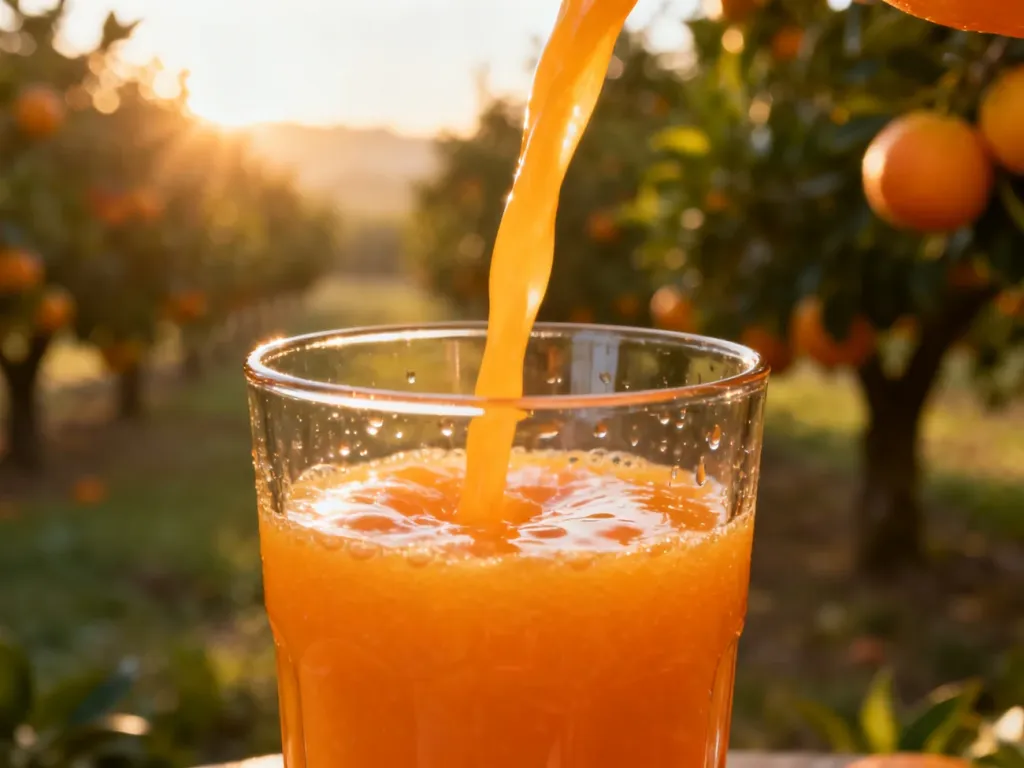 Świeży sok pomarańczowy wlewany do szklanki na tle słonecznego sadu, podkreślający naturalne pochodzenie produktu.
