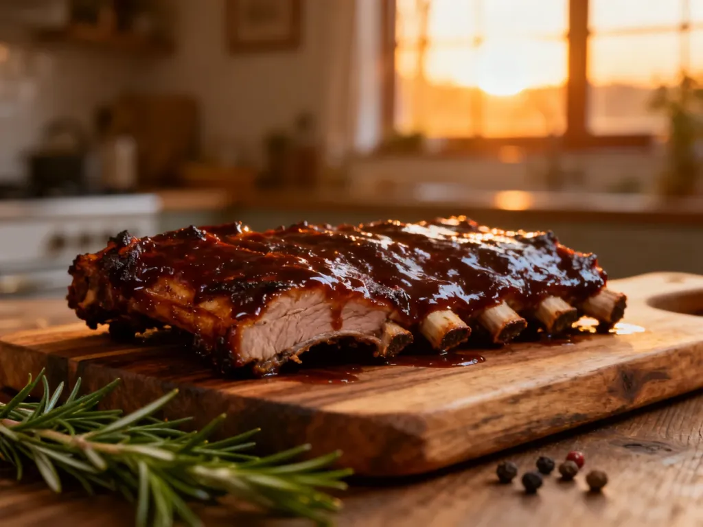 Soczyste żeberka w ciemnej glazurze barbecue podane na drewnianej desce z gałązkami rozmarynu.