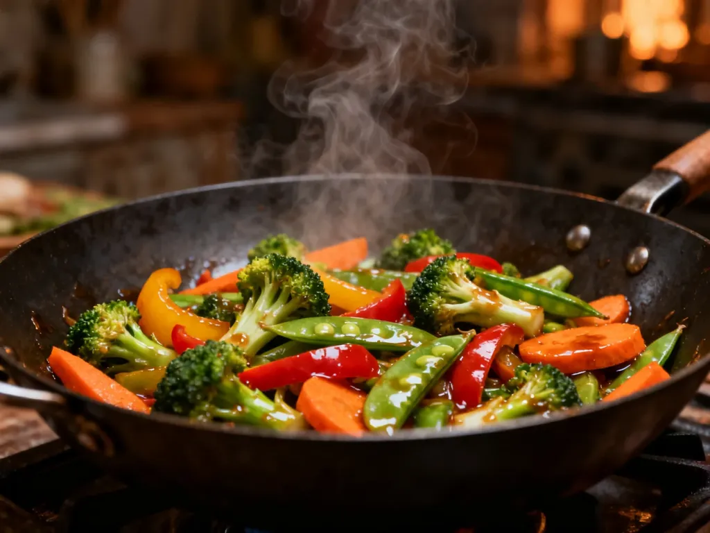 Kolorowe warzywa stir-fry smażone w woku, pokryte błyszczącym sosem sojowym i lekko parujące.