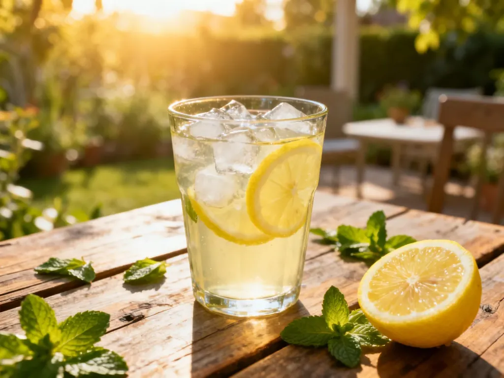 Szklanka domowej lemoniady z lodem i cytryną na rustykalnym stole w słonecznym ogrodzie.