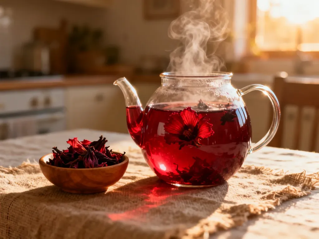 Szklany dzbanek z parującą, rubinową herbatą z hibiskusa oraz suszone kwiaty na lnianym obrusie w przytulnej kuchni.