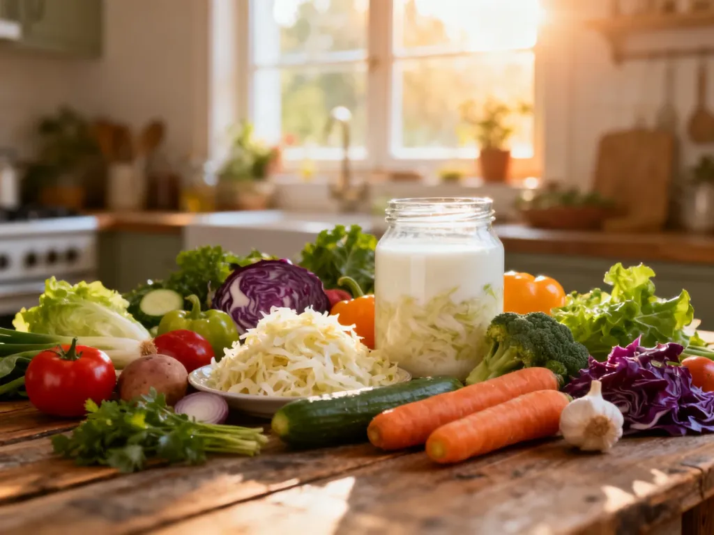 Różnorodne świeże warzywa, kiszonki i kefir na drewnianym stole, promujące zdrową dietę wspierającą trawienie.