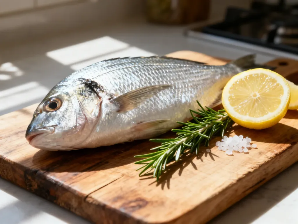 Świeża dorada na drewnianej desce w towarzystwie cytryny i rozmarynu, podkreślająca naturalną jakość i świeżość ryby.