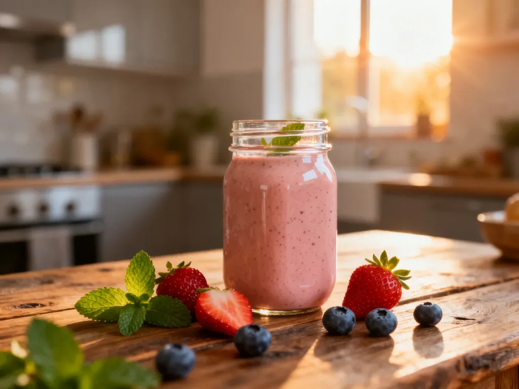 Domowy shake owocowy w szklanym słoiku, otoczony świeżymi truskawkami, borówkami i miętą na drewnianym stole.