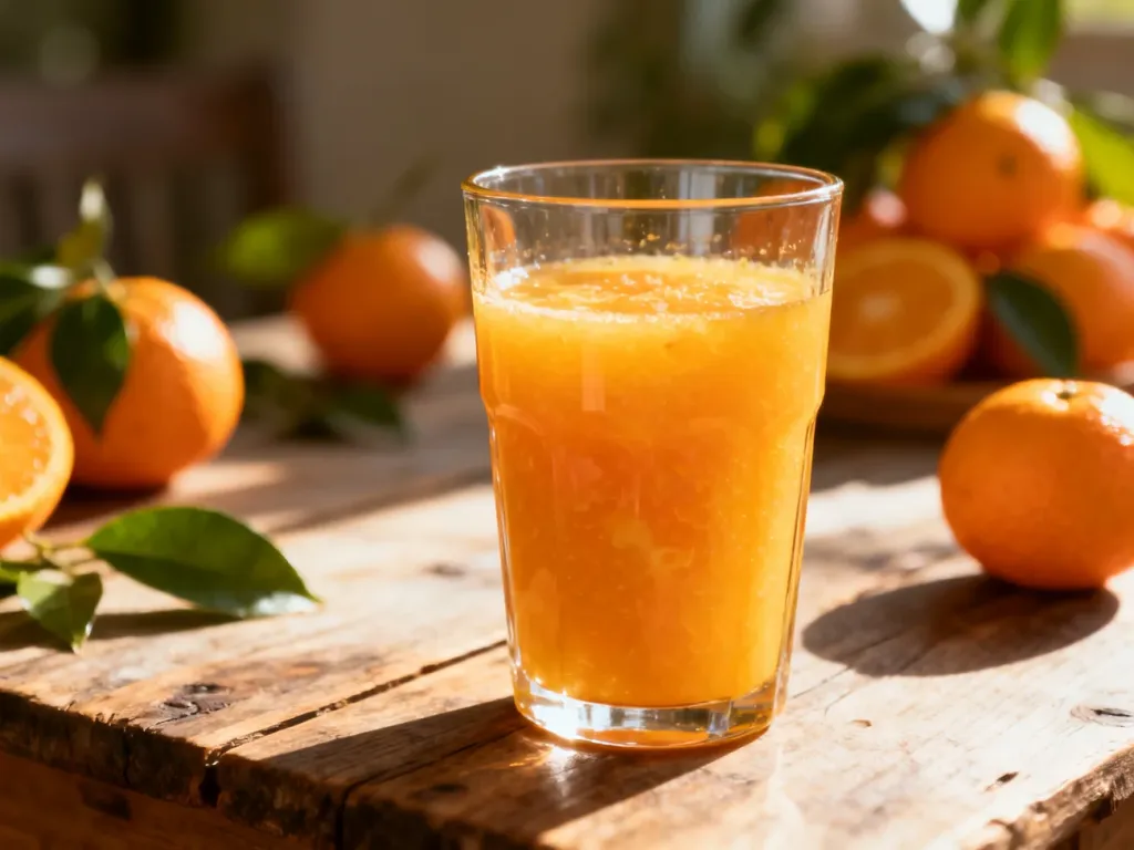 Szklanka świeżo wyciśniętego soku pomarańczowego z miąższem na tle owoców, podkreślająca naturalność i świeżość produktu NFC.