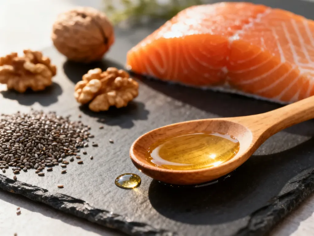 Drewniana łyżka z olejem rybim w otoczeniu łososia, orzechów włoskich i nasion chia, symbolizująca źródła kwasów omega-3.