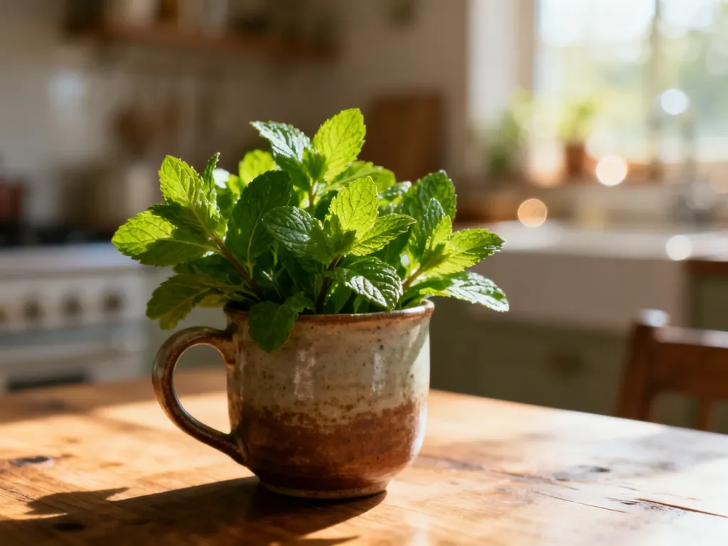 Świeże liście mięty w ceramicznym kubku na drewnianym stole, budujące atmosferę relaksu i naturalnego zdrowia.