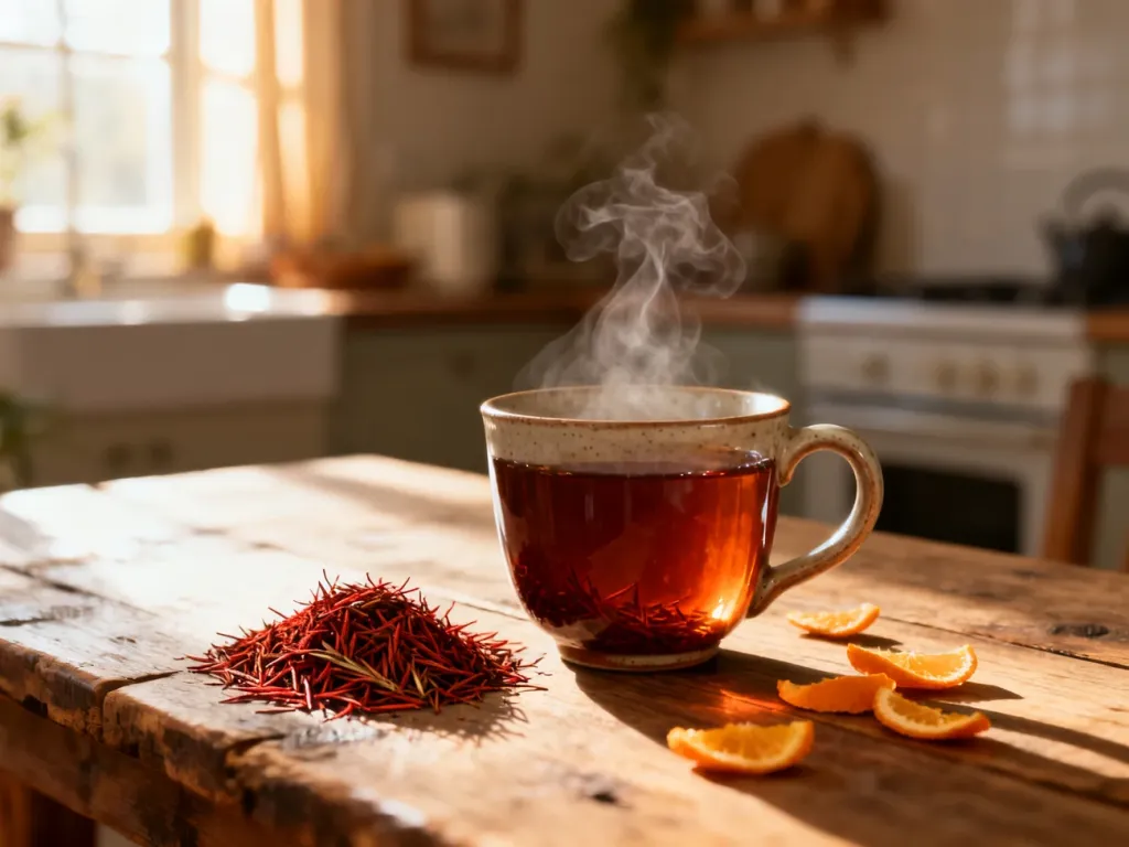 Filiżanka parującej herbaty rooibos na drewnianym stole w otoczeniu suszonych liści i plastrów pomarańczy.
