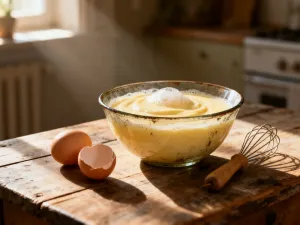 Drewniana łyżka z olejem rybim w otoczeniu łososia, orzechów włoskich i nasion chia, symbolizująca źródła kwasów omega-3.