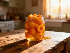 Drewniana miseczka z prażonymi pistacjami w łupinach na kuchennym stole w promieniach porannego słońca.