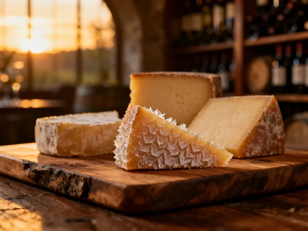 Różnorodne sery dojrzewające na drewnianej desce w klimatycznym wnętrzu piwniczki.