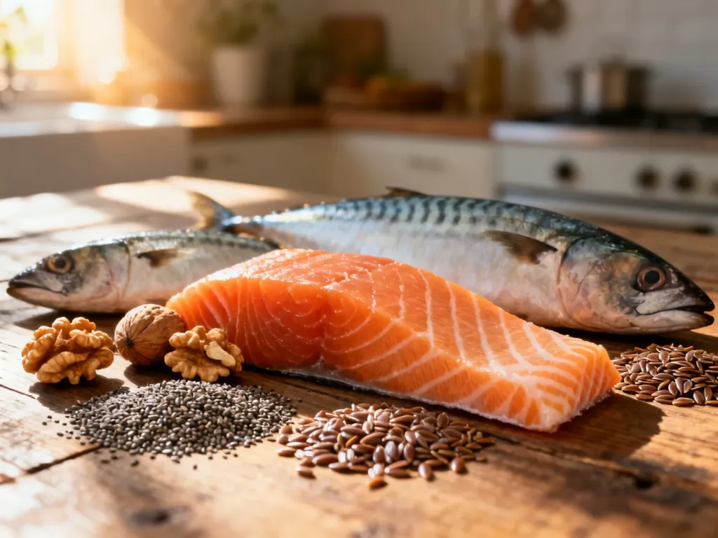 Świeże ryby, orzechy włoskie oraz nasiona chia i lnu na drewnianym stole, prezentujące bogate źródła kwasów omega-3.