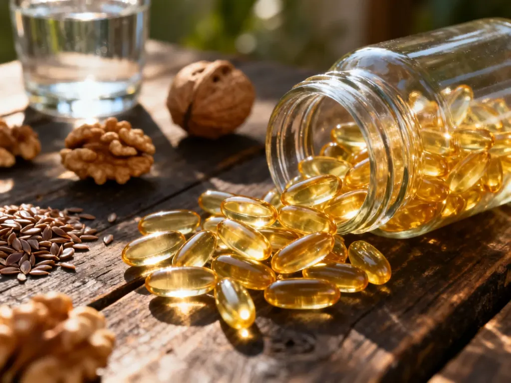 Złote kapsułki z kwasami omega-3 wysypujące się ze szklanego naczynia na drewniany stół w otoczeniu orzechów i nasion lnu.