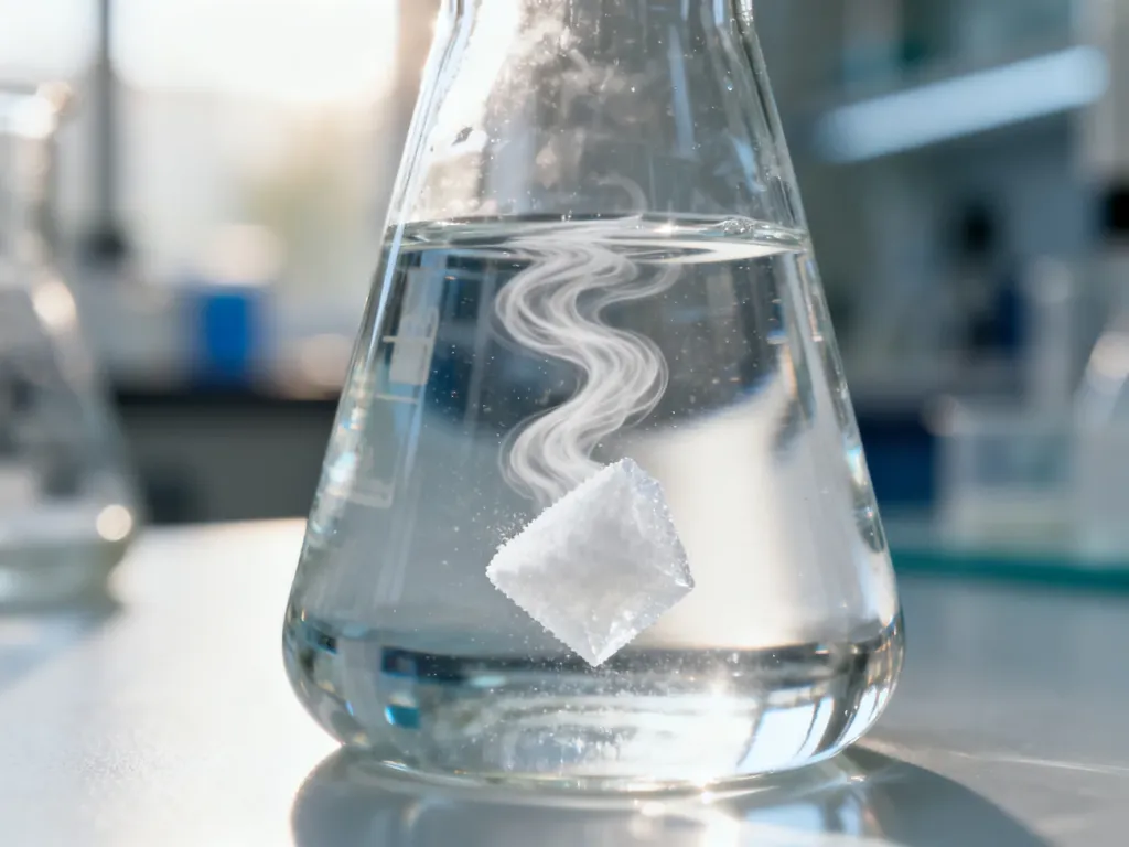 Kryształek chemicznego słodzika rozpuszczający się w szklance wody w warunkach laboratoryjnych.