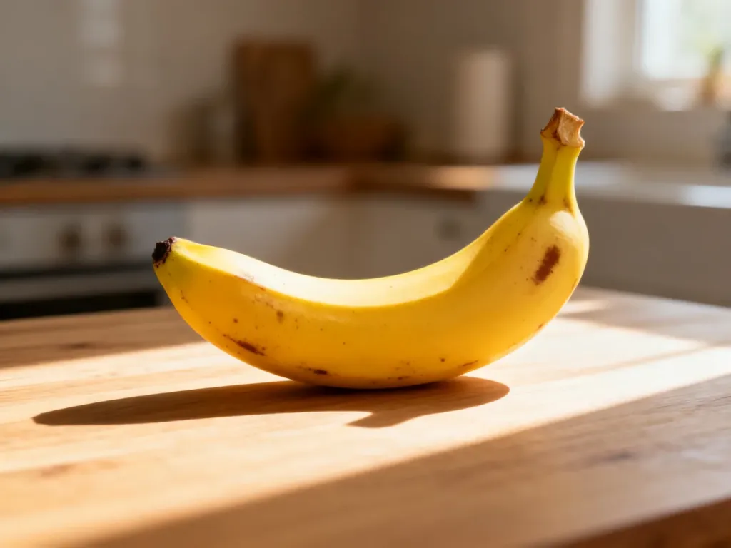Dojrzały banan z brązowymi plamkami leżący na drewnianym blacie w słonecznej kuchni.