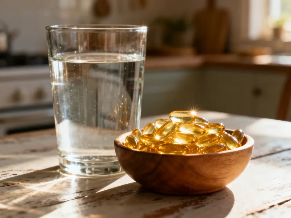 Szklanka wody i miseczka z kapsułkami omega-3 na drewnianym stole, ilustrujące codzienne przyjmowanie suplementów.