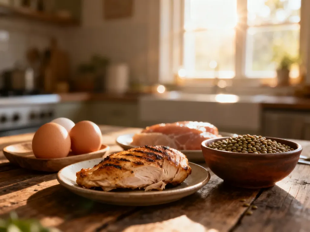 Różnorodne produkty bogate w białko, takie jak jajka, grillowany kurczak i soczewica, ułożone na drewnianym stole.