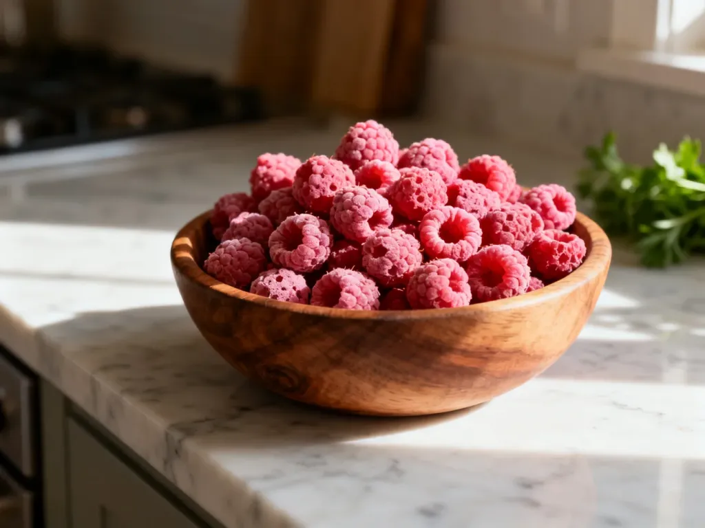 Zbliżenie na liofilizowane maliny w drewnianej misce na marmurowym blacie, podkreślające ich naturalną strukturę i kolor.